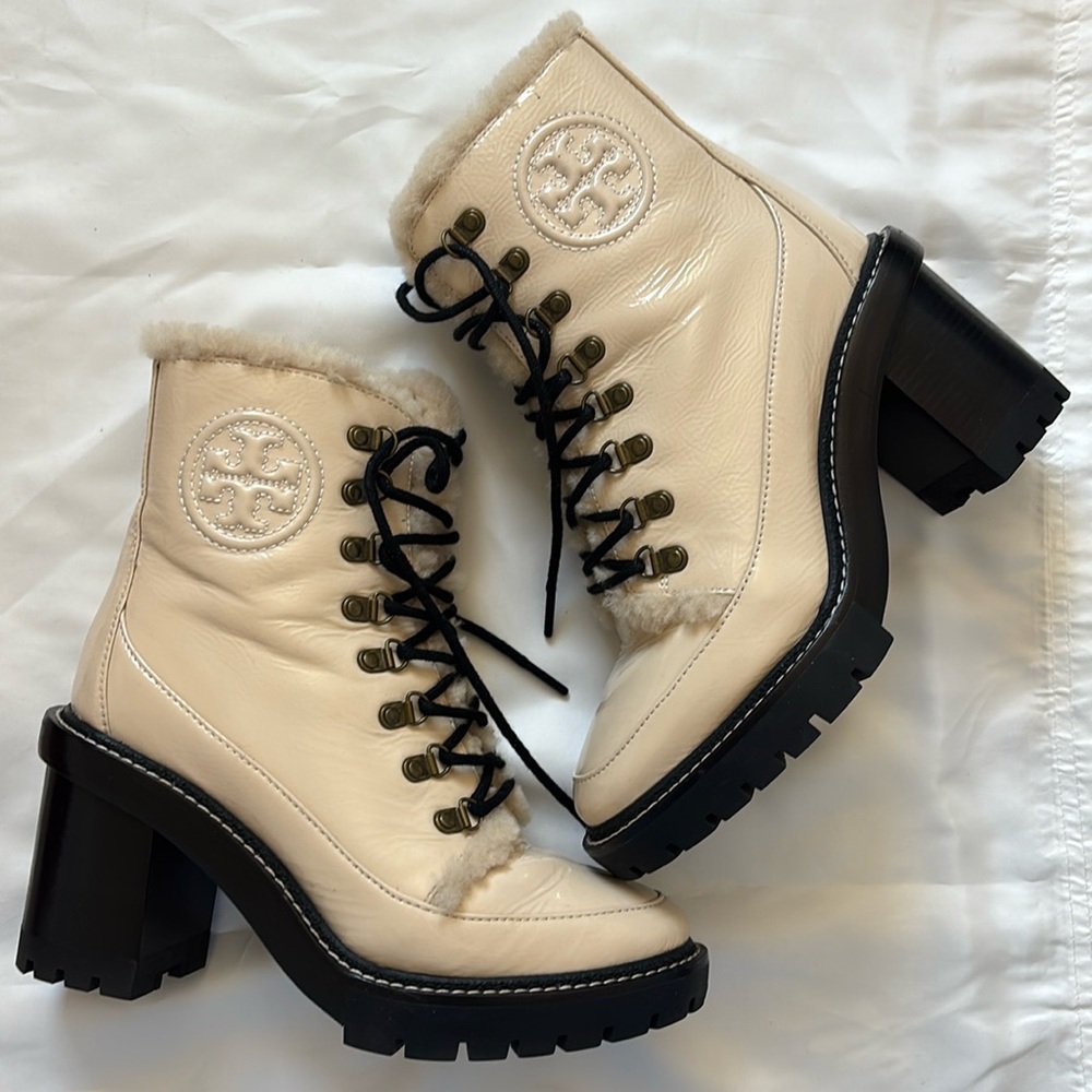 Tory Burch Miller 95MM Shearling Lug Some Bootie, Brie color, size 7.5 US